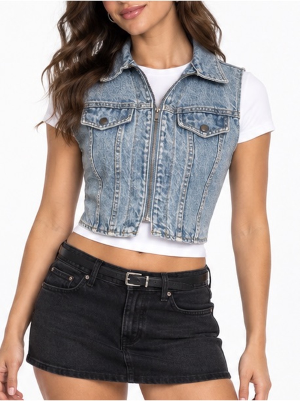 Vintage Kory Intl Blue Denim Vest Small Cropped Zip Front Y2K Grunge Made in USA